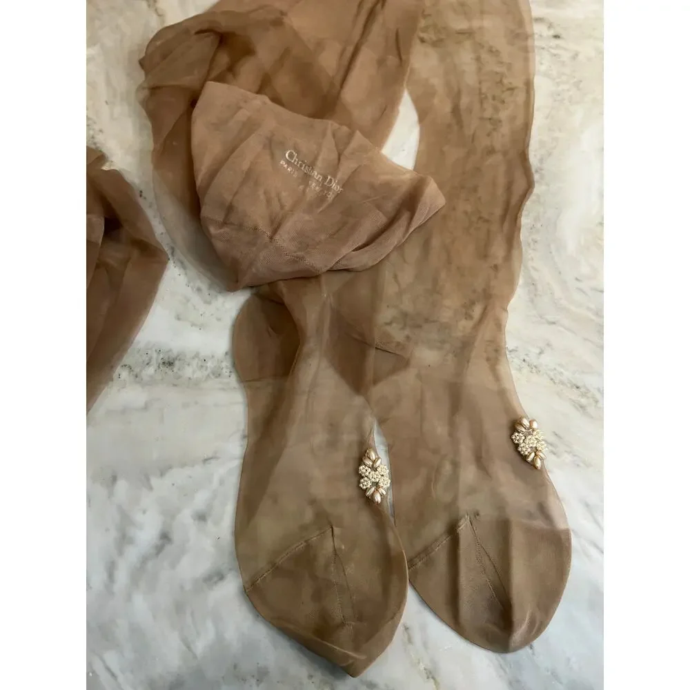 Vintage Christian Dior Miss Dior Pearl Embellished Stockings Sheer Nude